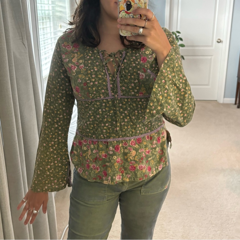 Vintage Floral Top XS Long Sleeve Multicolored Peasant Bow Flare Cutout Tie